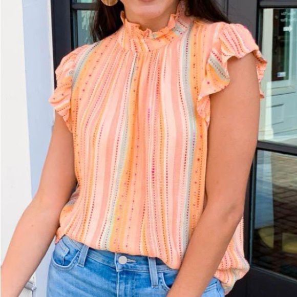 THML Women Medium Freeport Woven Striped Flutter Sleeve Embroidered Top Peach - Picture 2 of 12